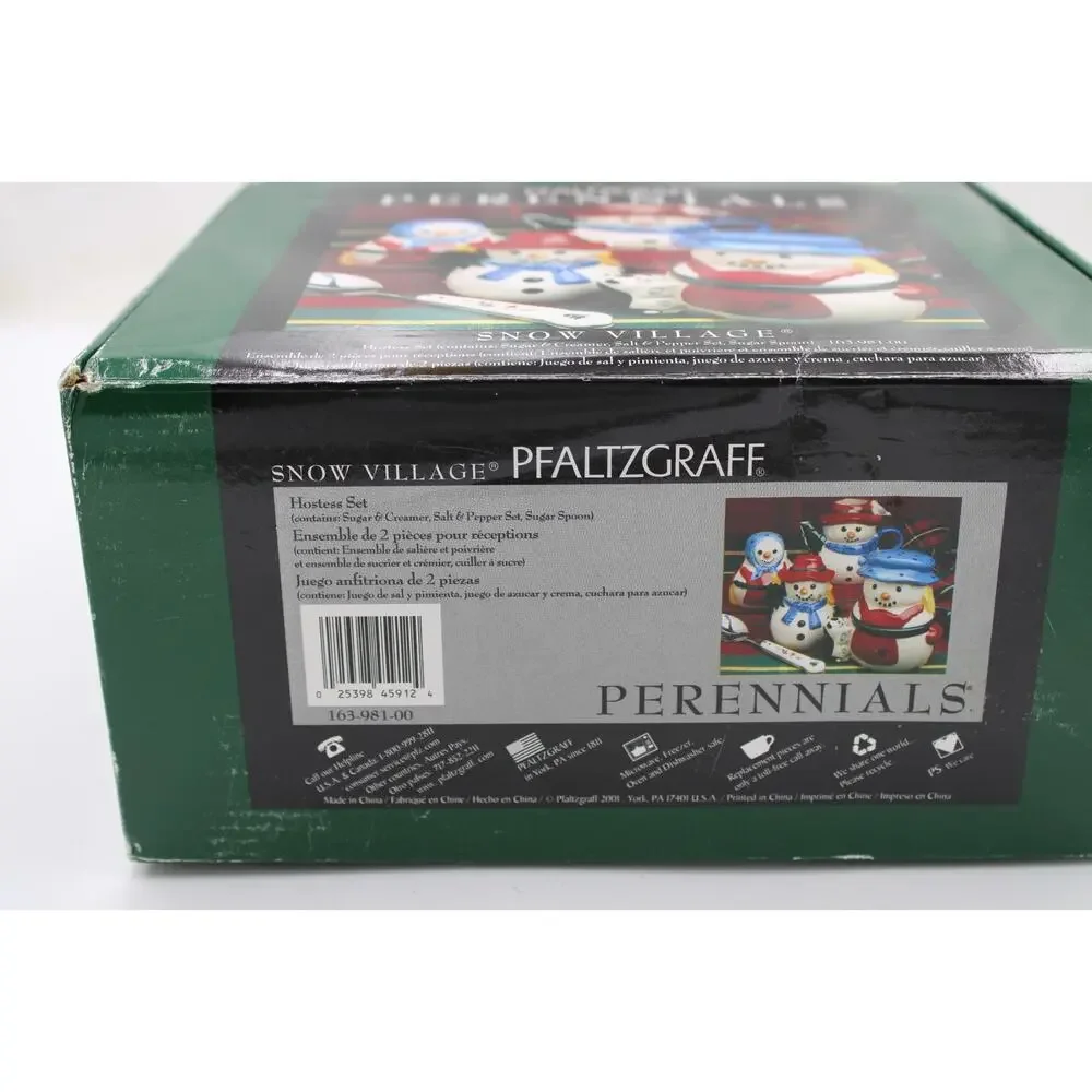 Pfaltzgraff‎ Perennials Snow Village Creamer Sugar Salt Pepper Spoon Snowman Set